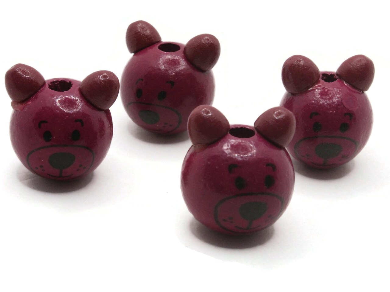 4 26mm Round Purple Wood Bear Head Beads Large Hole Wooden Beads